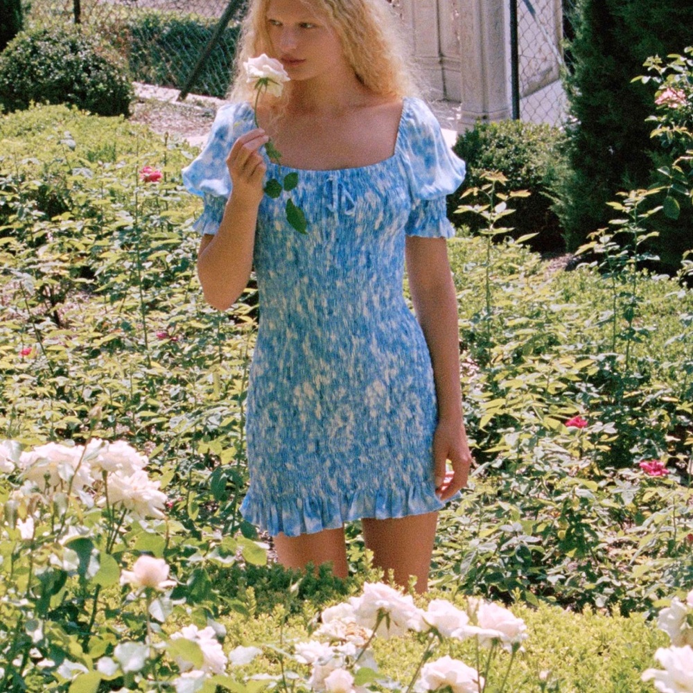 Faithfull the brand magnolia mini dress in rooibos and blue and white floral